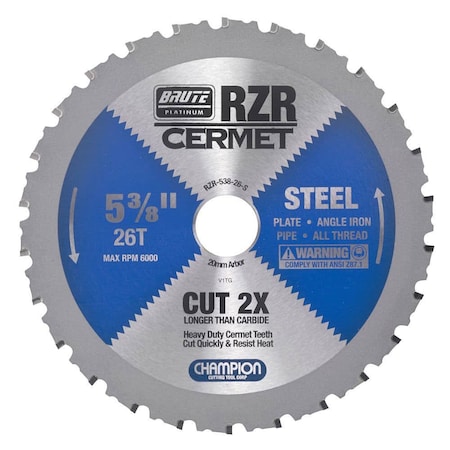 Brute Platinum 5-3/8in Brute RZR Cermet Tipped Circular Saw Blades for Steel, 26 Teeth, 20mm Arbor CHA RZR-538-26-S